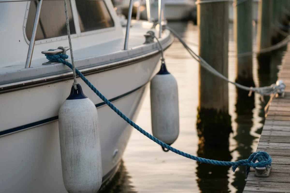 Used boat docked with fenders for protection.