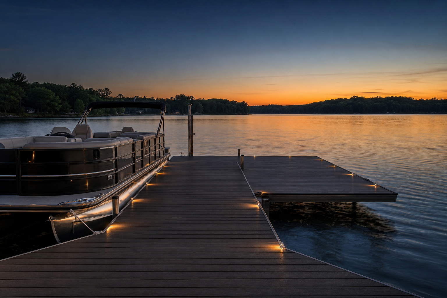 Custom aluminum dock with composite decking on a Minnesota lake at sunset