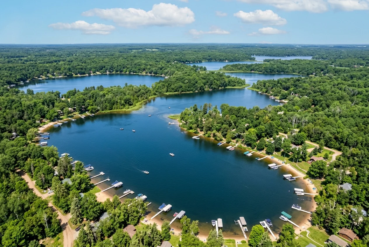 Aerial view of Minnesota lakes with private docks and boat lifts along shorelines